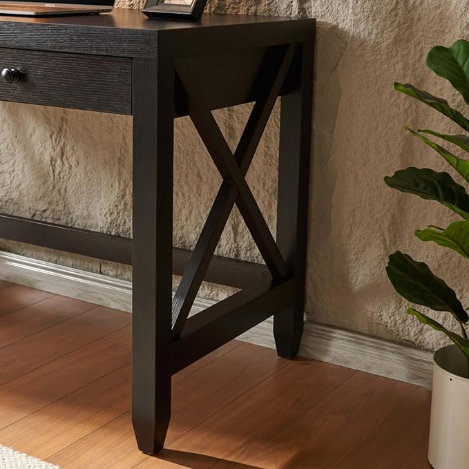 Home Office Desk with Two Smooth-Glide Drawers Thick Wooden Knob Handles Finished Back Panel and Sturdy X-Brace Leg Frame for Enhanced Stability Writing Table for Study