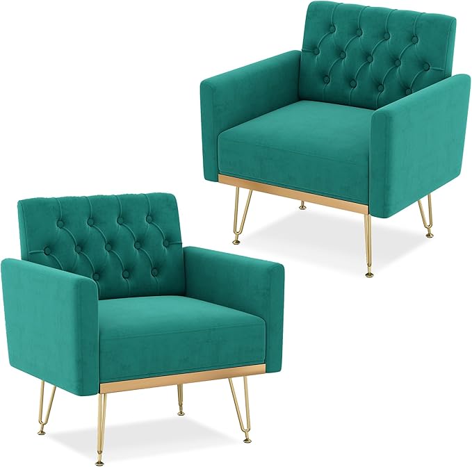 Accent Chair for Living Room Comfy Oversized Velvet Upholstered Arm Chairs Mid Century Modern Reading Single Sofa Side Chair with Tufted Back and Gold Legs for Bedroom (2 Green)
