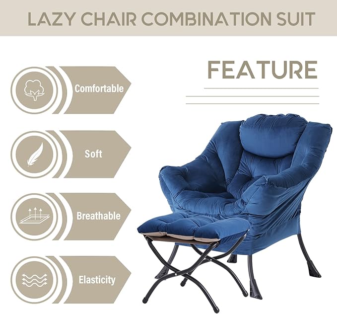 LITA Lazy Chair with Ottoman Modern Accent Leisure Upholstered Sofa Chair Contemporary Lounge Reading Chairs with Armrests and a Side Pocket for Living Room Bedroom &amp Small Space Royal Blue
