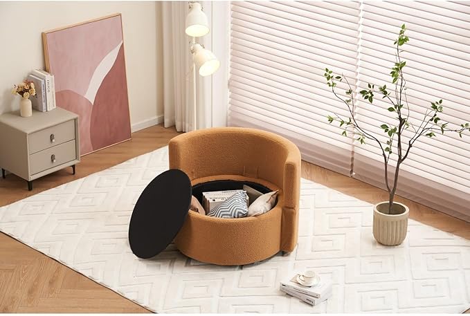 Teddy Fabric Swivel Storage Chair with Back Cushion Khaki 360° Swivel for Living Room