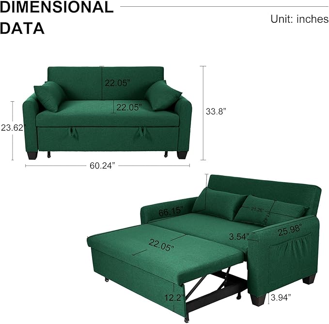 66 Black Sofa Sleeper Loveseat Sofa Bed Queen Size Pull Out Couch with 2 Pillows Pocket &amp Adjustable Backrest Small Couch Bed for Small Spaces Bedroom Apartment Living Room (Green 67) | C