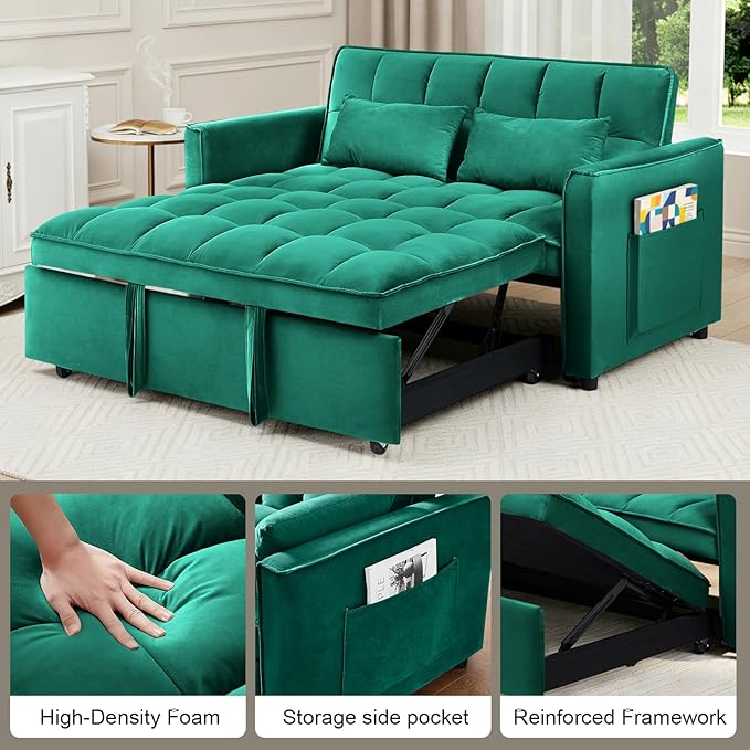 3-in-1 Convertible Sofa Bed 55'' Pull Out Couch Bed with Adjustable Backrest Velvet Fabric Sleeper Loveseat Sofa with Side Pocket Perfect for Living Room Easy Assembly(Green)