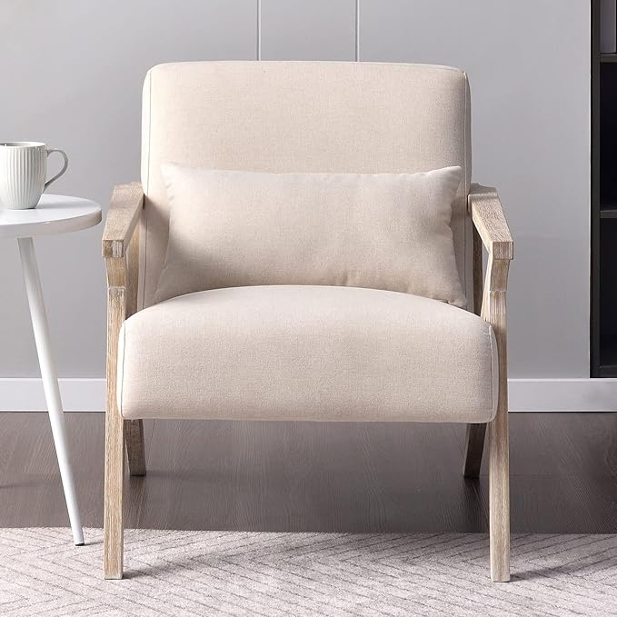 INZOY Mid Century Modern Chair with Wood Frame Upholstered Armchair with Waist Cushion Accent Chair for Living Room Bedroom Apartment Easy Assembly Beige