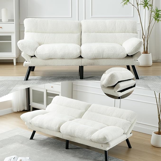 White Modern Teddy Velvet Convertible Folding Futon Couch Sofa Bed Adjustable Pillow Top Arm Memory Foam Couch Double Love Seat Sofa for Compact Space Dorm Apartment Bedroom Loveseat (White)