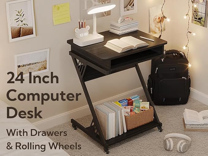 Zenira Small 24 Inch Tall Computer Desk with Drawers Corner Gaming Desk for Bedroom Home Office Black