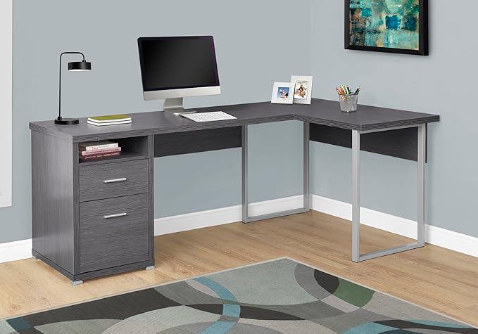Monarch Specialties I 7257 Computer Desk Home Office Corner Left Right Set-up Storage Drawers 80L L Shape Work Laptop Metal Laminate Grey