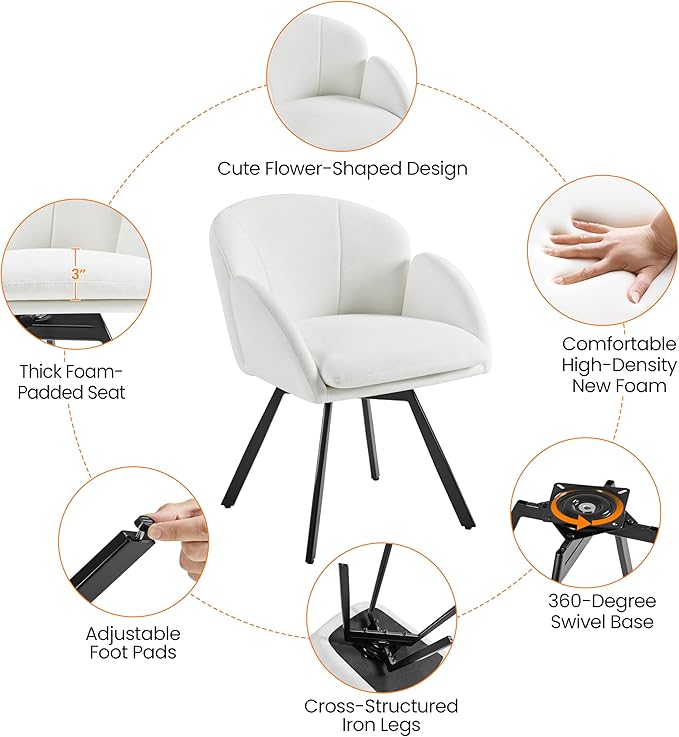 Yaheetech Swivel Accent Chair Flower Chenille Armchair Vanity Chair Side Chair with 360-Degree Swivel Base and Seat Cushion for Living Room/Bedroom/Home Office/Makeup White Set of 2