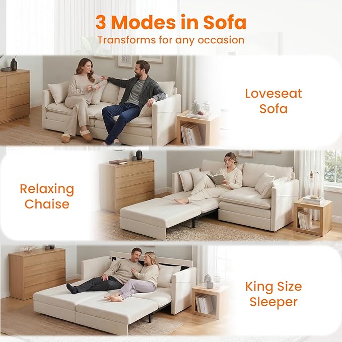 CECER 78 King Size Pull Out Sofa BedIce Velvet Pull Out Couch with Side Pocket3-in-1 Convertible Sleeper Sofa with 4 Pillows for Small Space/Living Room/Bedroom（Beige）