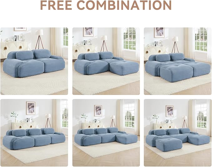 81.8 L Shaped Sectional Cloud Sofa CouchCorduroy Modern Memory Foam Boneless Modular Couches Chaise for Living Room Bedroom(2-Seater&amp1 OttomanBlue)