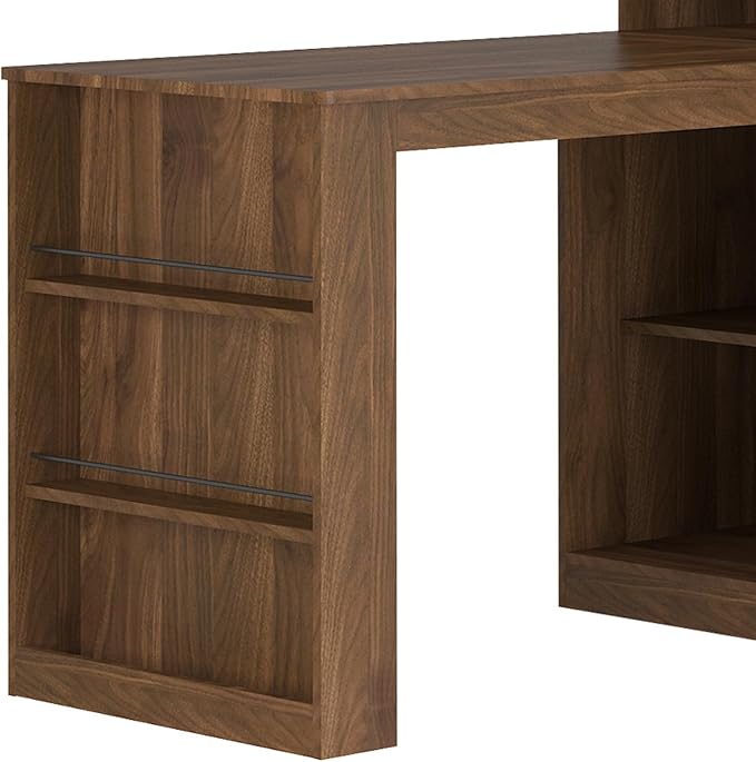 Executive Computer Desk L-Shaped Student Home Bedroom Table Modern Corner Work Writing Desk with LED Light and Storage Drawers and Bookshelf for Bedroom Wood