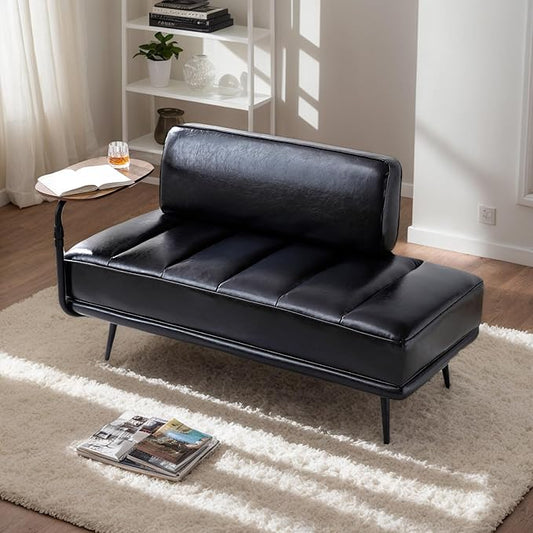 Anwick 55 PU Leather Small Sofa Loveseat Couch with Side Table Modern Upholstered Bed End Bench with Back for Bedroom Living Room Office Entryway (Black)
