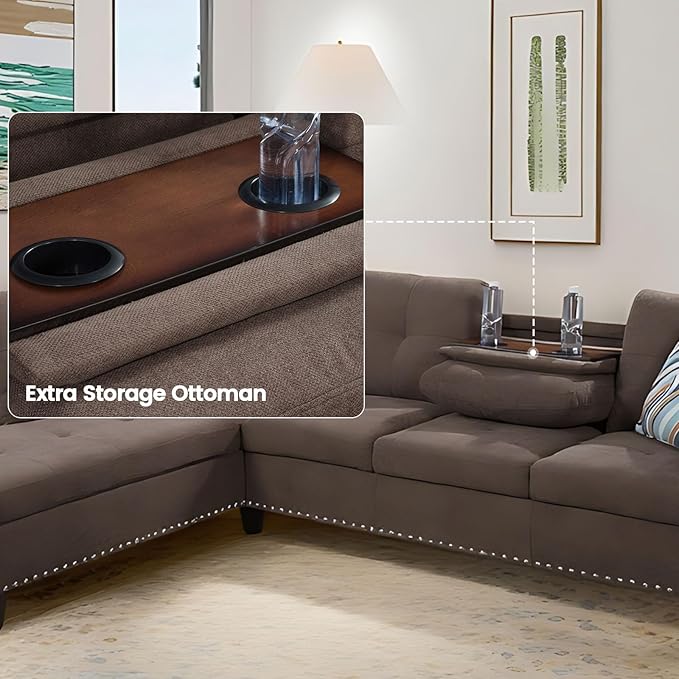 Modular Sectional Sofa with Cup Holders L Shaped Sectional Couch with Chaise and Adjustable Backrest Modern Linen Fabric Couch for Living Room Apartment Small Space Brown