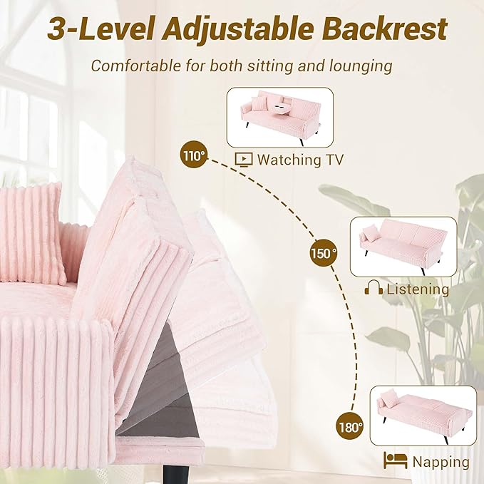 72 Modern Corduroy Sofa Bed FutonConvertible Sleeper Couch Bed with Cup Holder4 Reclining PositionsFolding Sofa Cloud Loveseat for Small Living Room Apartment Office (Pink-New)