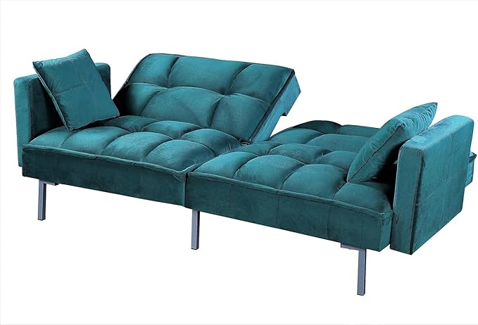 Regal 75.6 Velvet Convertible Sofa Bed - Mid-Century Sleeper Couch w/Tufted Design &amp Metal Legs - Pull-Out Futon for Guests/Home (75.6 W x 34.6 D x 32 H) Blue