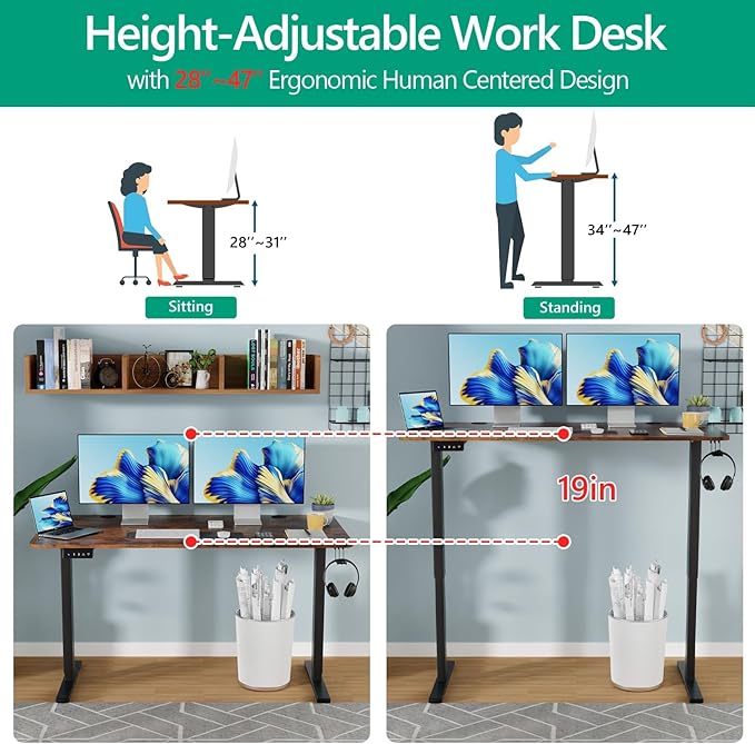 Adjustable Height Computer Workstation - Electric Lifting Sit Stand Desk Rising Computer Table That Raises Up and Down for Home Office