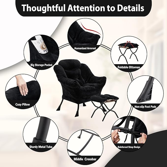 Lazy Chair with Folding Ottoman Accent Chair Plush Upholstered with Metal Structure and Non-Slip Pads Sofa Armchair with Footrest and Side Storage Bag for Dorm Room Office Black
