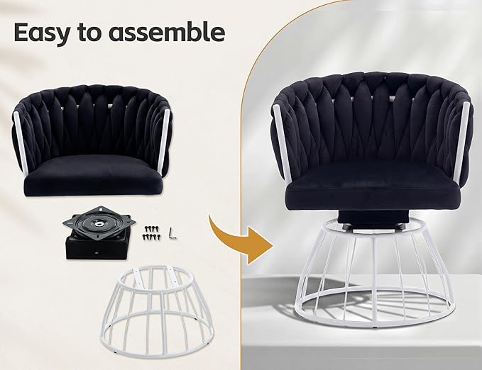 Mistpeople Swivel Weave Accent Chair Velour Upholstered Modern Chair with Woven Tufted Backrest for Living Room Bedroom Vanity Black