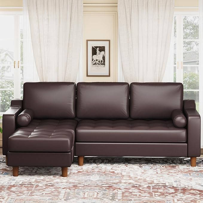 GarveeHome 88.9 L-Shape Sofa with Convertible Chaise Sectional Leather Sofa with Deep Seat Modern Mid-Century Sofa for Living Room Comfy Leather Couch Brown
