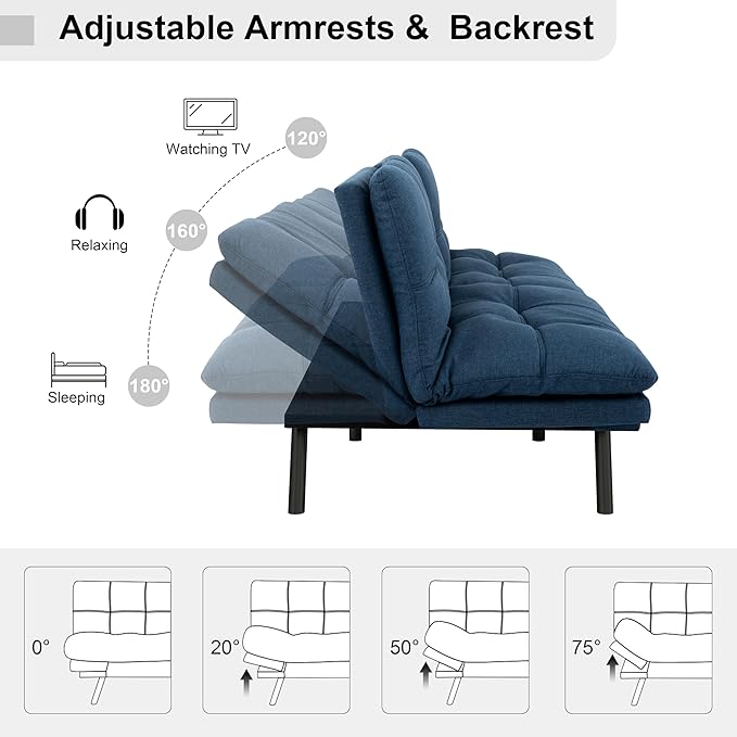 MUUEGM Futon Sofa Bed 71 Comfortable Memory Foam Futon Sofa with Adjustable Backrest &amp ArmrestsConvertible Folding Loveseat Recliner Sleeper Sofa Bed for Compact Living Room Apartment Office