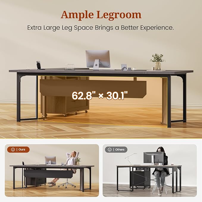 63 Executive Desk with Mobile File Cabinet Large Office Desk with Drawer Modern L Shaped Desk with Power Outlets Storage Shelves Corner Computer Desk Business Workstation Set (Grey)