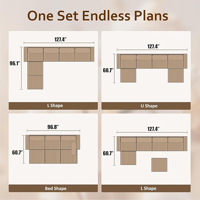 HOOOWOOO Modular Sectional Sofa CouchU L Shaped Free Combination Couch ChairsCloud Sofa with Ottomans Chaise 6 Pieces Set for Living Room(Beige Corduroy)