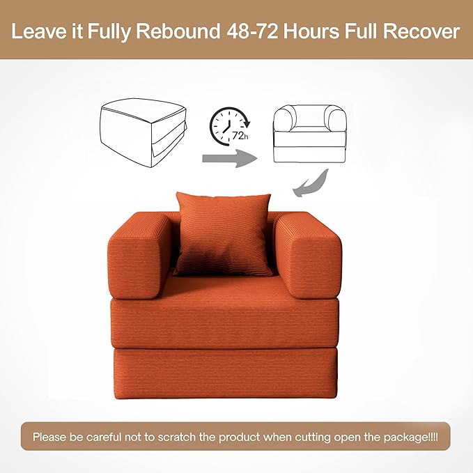 Folding Sofa Bed 2 in 1 Convertible Sofas to Lounger Comfy Single Bean Bag Chair Floor Portable Foldable Sleeper Lazy Futon Couch Chair for Bedroom Living Room(Orange 35.43 Single Sofa)