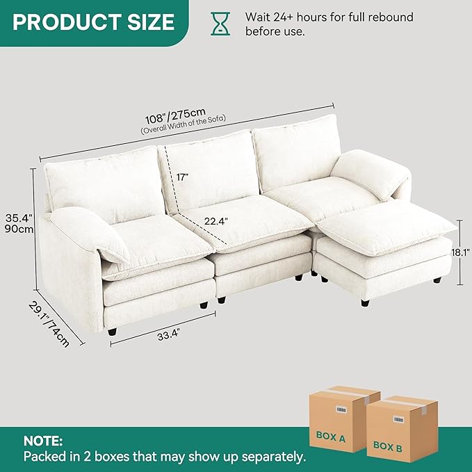 DWVO 108 Modular Sectional Sofa Modern L Shaped Couch with Movable Ottoman Pillow-Armrest Velvet 4 Deep Seat Cloud Couch for Living Room Beige