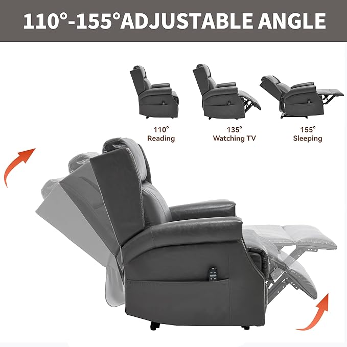 Manual Rocker Swivel Recliner Chair with Vibration Massage Lumbar Heat Rivet Design Faux Leather Brown Single Sofa for Living Room (34.8 Grey)