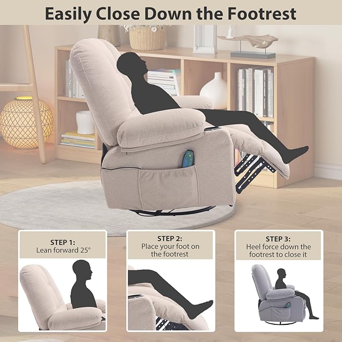 Rocker Recliner Chair with Massage and Heat Oversized Rocking Nursery Recliners Chair Overstuffed Swivel Glider with Cup Holder Fabric Manual Single Sofa for Living Room Beige