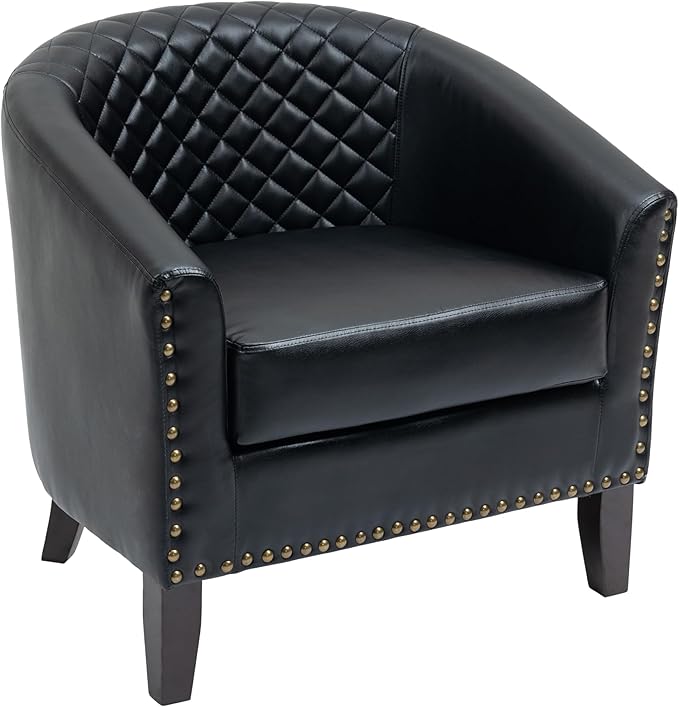 UIXE Faux Leather Barrel Accent Chairs Set of 2 Modern Club Upholstered Arm Chair Comfy Armchair Nailed Trim Living Room Single Sofa Reading Seat Bedroom Side Sitting for Office Black