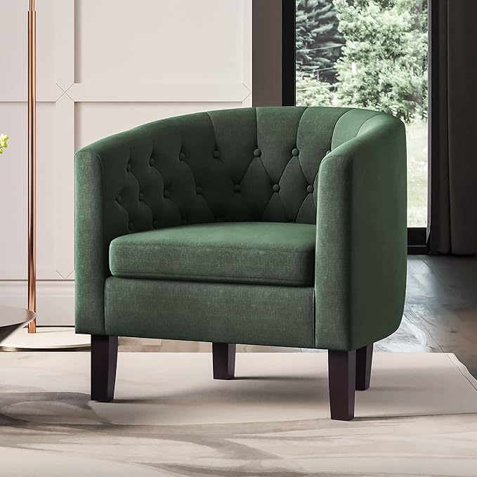 BELLEZE Green Accent Chairs for Living Room Elegant Arm Chair Upholstered Tufted Barrel Chair Club Chair for Bedroom with Sturdy Legs and Linen Fabric - Berlinda (Green)