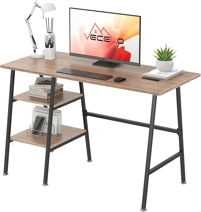 VECELO 43 Inch Writing Desk Home Office Home Office Study Tables with 2 Tier Storage Shelves Eiton Left or Right Side Simple Industrial Style with Adjustable Feet and Water Proof Surface Oak Desk