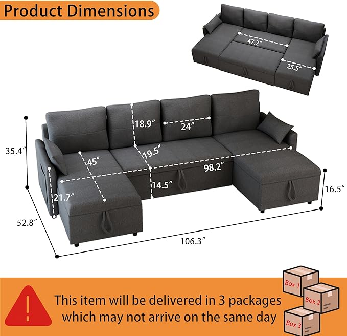 U Shaped Sleeper Sofa Bed: 106 Convertible Pullout Couch Bed with Storage Grey Sleeper Sectional Couches for Living Room Comfortable Modular Couch Beds with Chaise