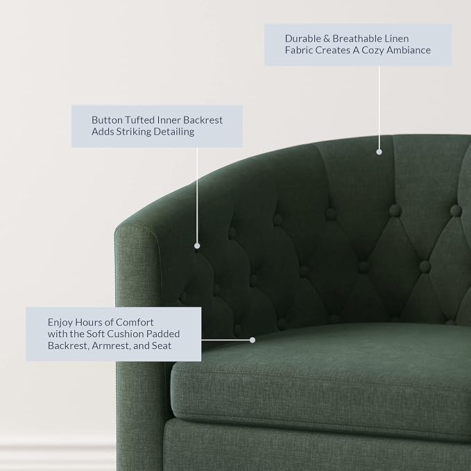 BELLEZE Green Accent Chairs for Living Room Elegant Arm Chair Upholstered Tufted Barrel Chair Club Chair for Bedroom with Sturdy Legs and Linen Fabric - Berlinda (Green)