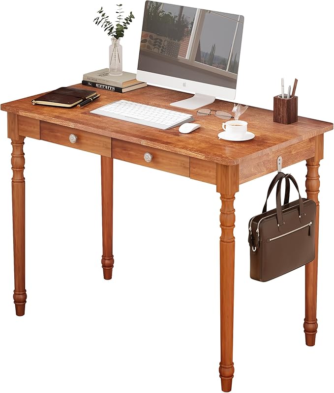 Mid Century Modern Desk 39 Vintage Solid Wood Desk with 2 Drawers Boho Writing Desk Computer Table for Home Office Bedroom Living Room