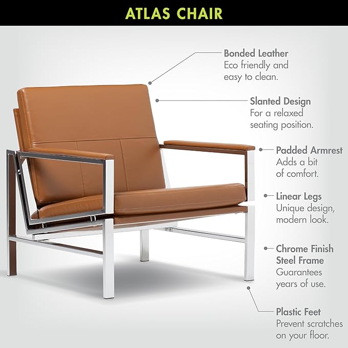 Studio Designs Atlas Modern Accent Chair with Padded Armrests - 29.5 W x 32 D x 33 H - Armchair for Home or Office - Caramel Brown Bonded Leather Fabric and Chrome Legs