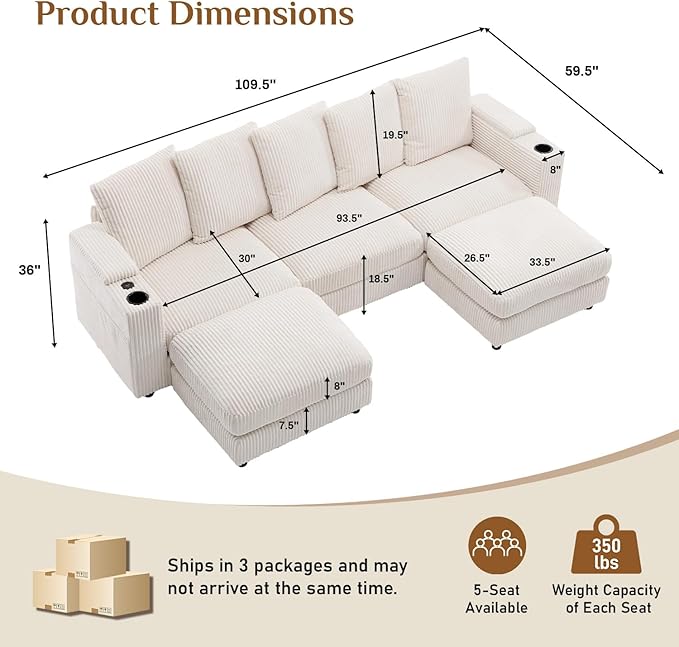 110 Oversized Cloud Couch U Shaped Modular Sectional Sofa L Shaped Sectional Couches for Living Room Comfy Corduroy Cloud Sofa with Ottoman USB Port Cup Holder Armrest Storage Side Pocket Beige