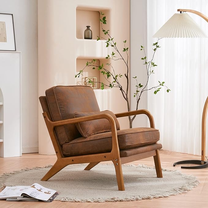 Bonnlo Microfiber Rustic Mid Century Modern Accent Chair Soild Wood Padding Lounge Armchairs Side Sitting Chairs for Living Room Bedroom Guest Room