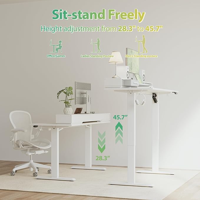 Agilestic 48 Inch Electric Standing Desk with Drawers Adjustable Desk with Storage Shelf Stand Up Home Office Computer Table Splice Board White