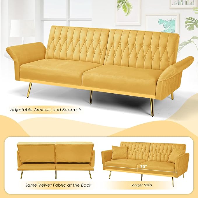 70 Velvet Futon with Adjustable Backrest and Armrests Sofa Bed with Extra Pillows for Waiting Room Living Room and Office Yellow