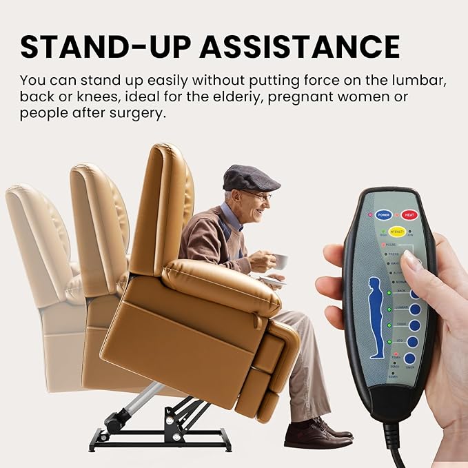 Large Dual Motor Power Lift Recliner Chair with Massage and Heat for Elderly People Infinite PositionUSB Ports and Remote ControlBreathable Leather (Yellow)