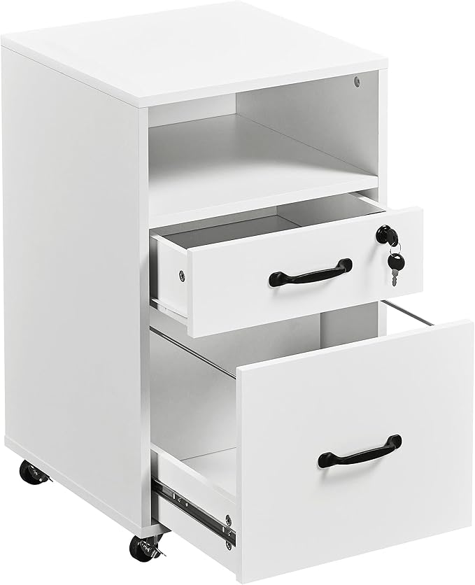 Topeakmart File Cabinet 2-Drawer and 1-Open-Shelf Rolling Filing Storage Printer Stand with Wheels Lock for A4/ Legal/Letter 16″ L×16″ W × 26″ H White