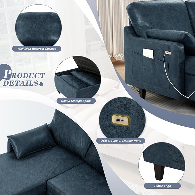 76 Sectional Sofa Couch w/Reversible Chaise Suede Leather L Shaped Sofa w/USB Charger Ports &amp Storage Bag Convertible Modern Couch w/Storage Space for Living Room Small Space Blue