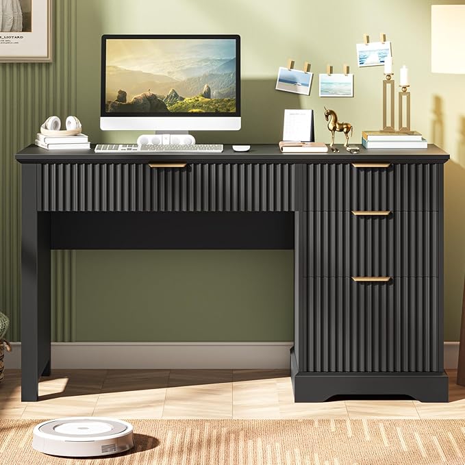 Vabches Fluted Executive Desk with Drawers Wood Computer Desk with Ample File Drawer Home Office Desk with Storage for Study Bedroom Living Room Black