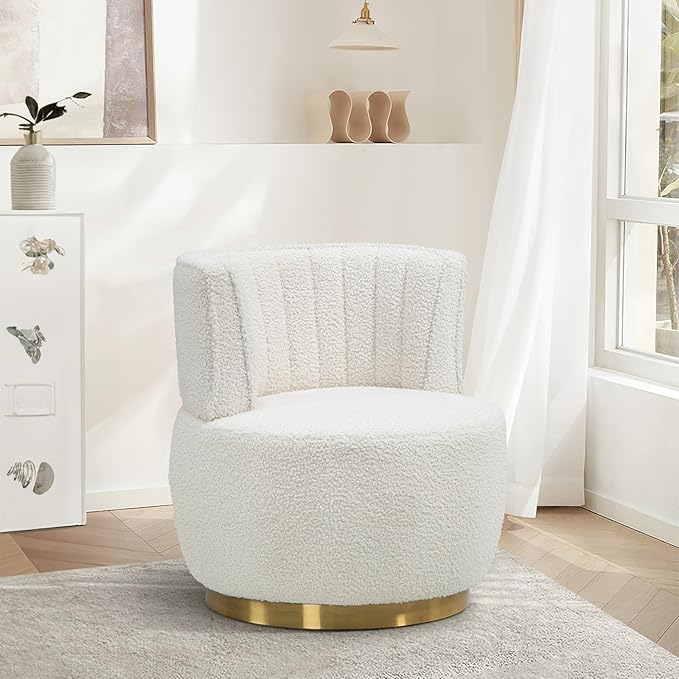 KINFFICT Swivel Barrel Chair Modern Upholstered Accent Chair 360° Swivel Round Lounge Chair with Gold Metal Base Comfy Arm Chair Sherpa Chair for Nursery Living Room Bedroom Club White