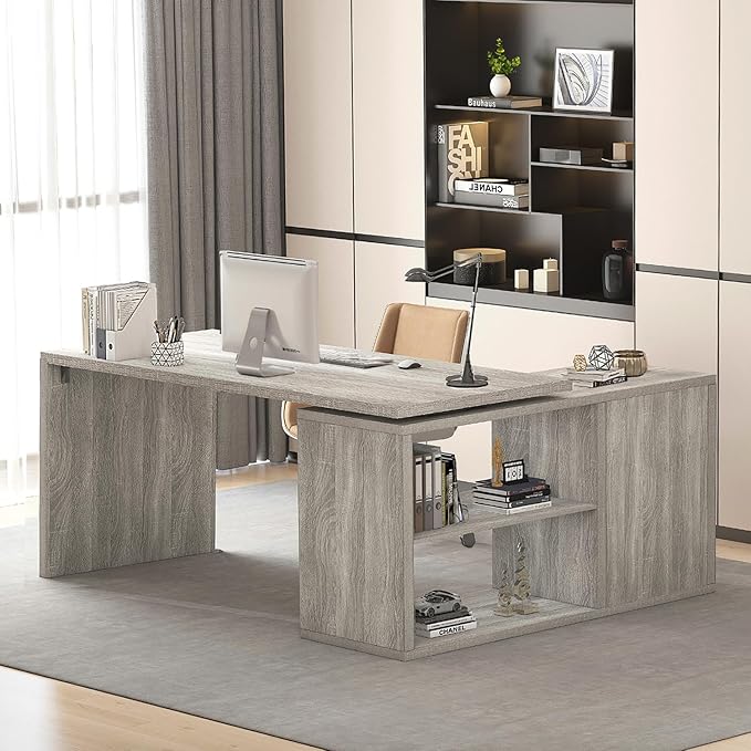 HSH Gray L Shaped Corner Desk with Storage Shelves Reversible L Shape Computer Desk with Storage Cabinet Adjustable Corner Home Office Desk for PC Executive Writing Study Work Light Grey 55 Inch