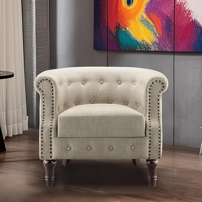 Comfy Fabric Barrel Chair Armchair with Soft Padded Classical Club Chair with Thicken Cushion Upholstered Tub Chair Reading Chair for Living Room Bedroom Waiting Room Office Beige