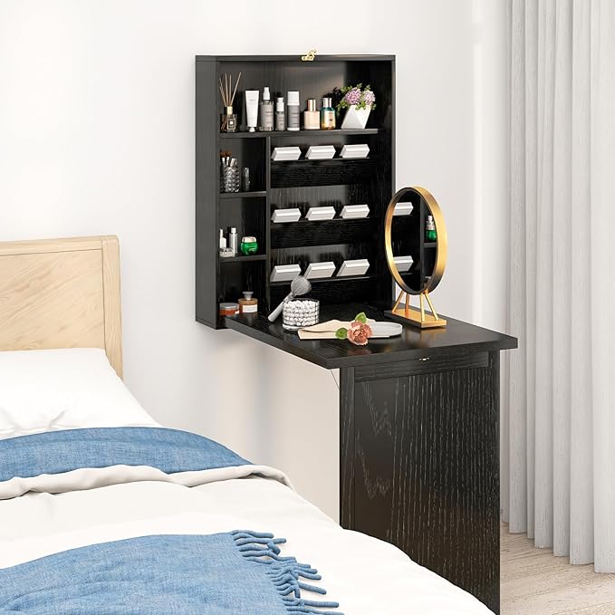 Tangkula Foldable Wall Mounted Desk Floating Desk with Storage Shelves &amp Hooks Space-Saving Fold-Up Murphy Table for Small Spaces Home Office Dorm Room