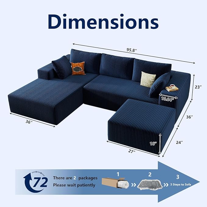 96 Modular Sectional Sofa with Ottoman Modern Corduroy Cloud Couch with Deep Seat Boneless Couch Upholstered 3-Seater U-Shaped Sofa for Living Room No Assembly (Blue Left-Facing Chaise)