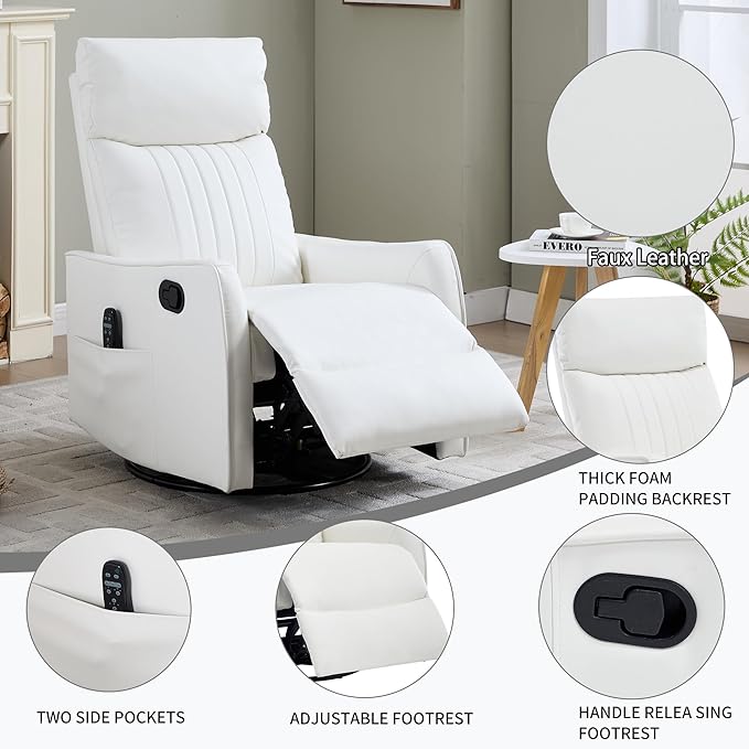 High Back Massage Recliner with Heat - Swivel Rocking Chair for Small Spaces Manual Lazy Boy Recliner for Adults Perfect for Living Room &amp Bedroom Soft Fabric (White)